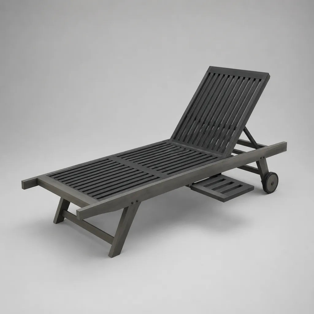 Gartenliege aus massivem Akazienholz mit verstellbarer Rückenlehne, Rollen und Ausziehtisch, Anthrazitgrau, 200 × 65 × 30–86 cm