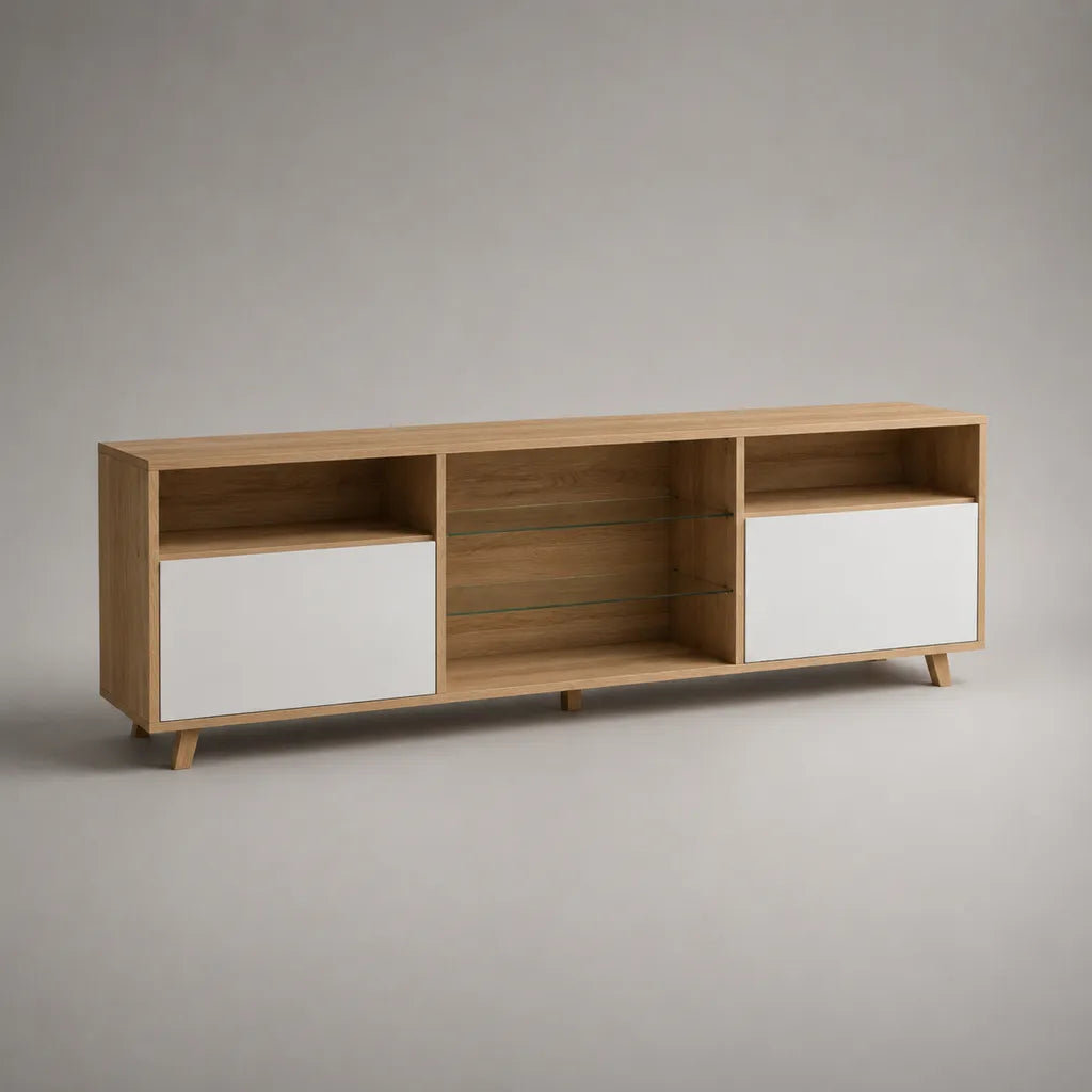 TV-Lowboard mit 2 Türen und Glasböden aus Spanplatte, MDF und Glas, Eiche/Weiß, 180 x 40 x 70 cm