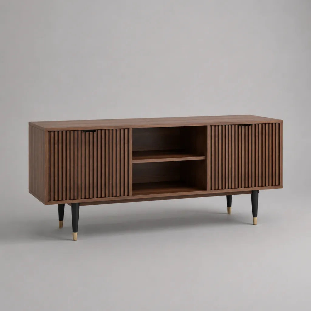 TV-Lowboard aus MDF mit Lamellentüren, Walnussbraun, Schwarz und Messingfarben, 160 × 40 × 70 cm