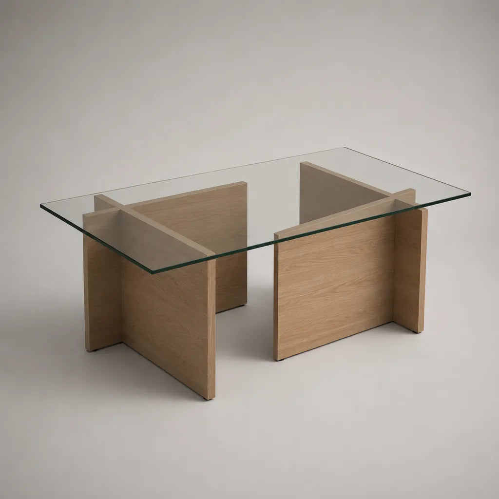 Rechteckiger Couchtisch aus Sicherheitsglas und MDF mit Eichenfurnier, Transparent/Eiche Natur, 100 × 60 × 45 cm
