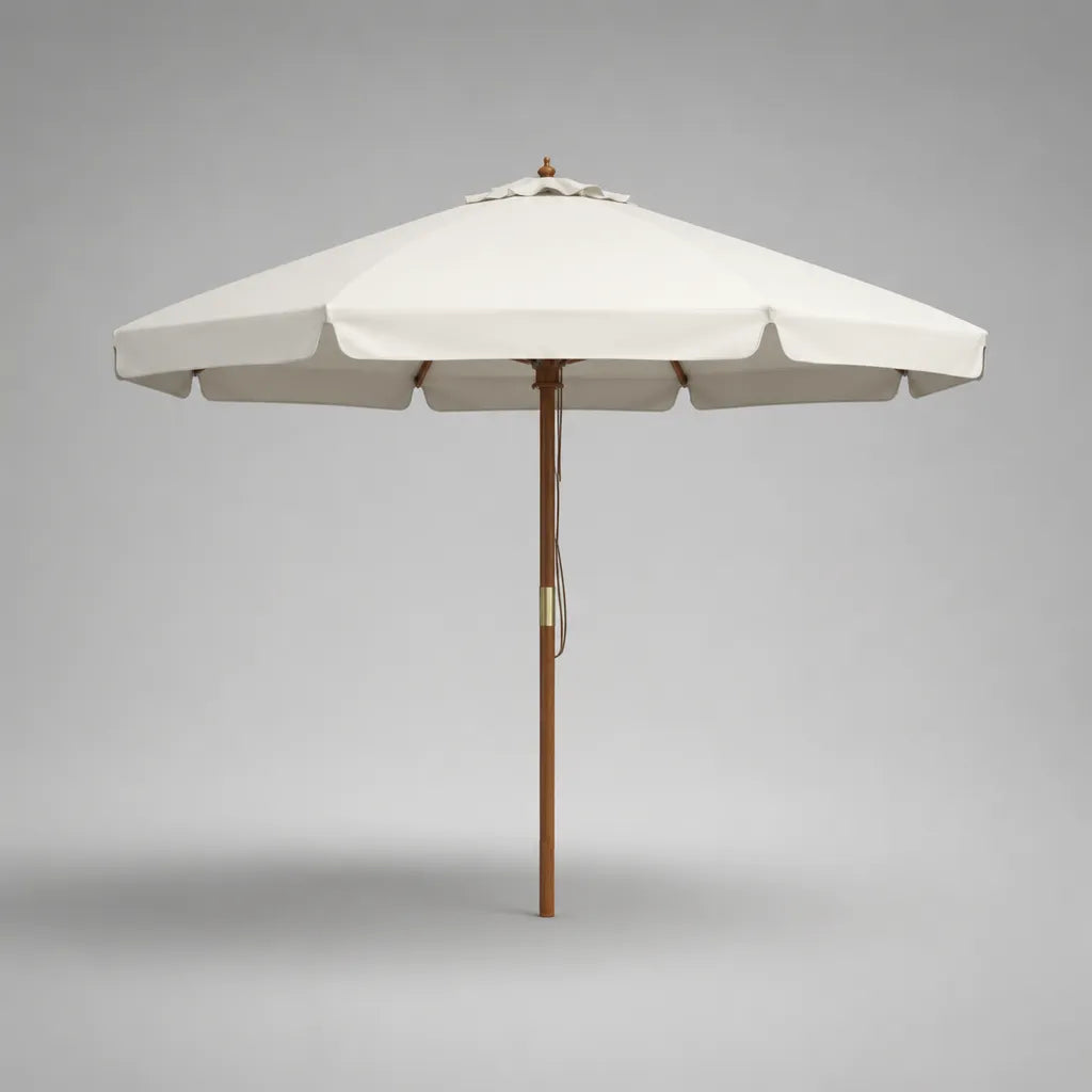 Runder Sonnenschirm aus Polyester und Eukalyptusholz, Cremeweiß, Ø 300 × H 250 cm