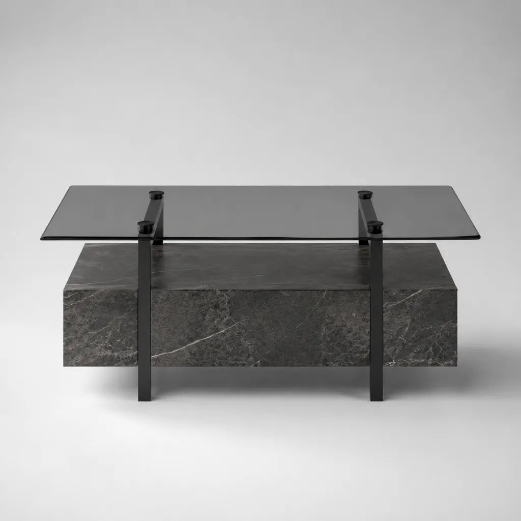 Rechteckiger Couchtisch mit Ablage, 110 x 55 x 45 cm, Glas, Stahl und MDF, Schwarz/Grau in Marmoroptik