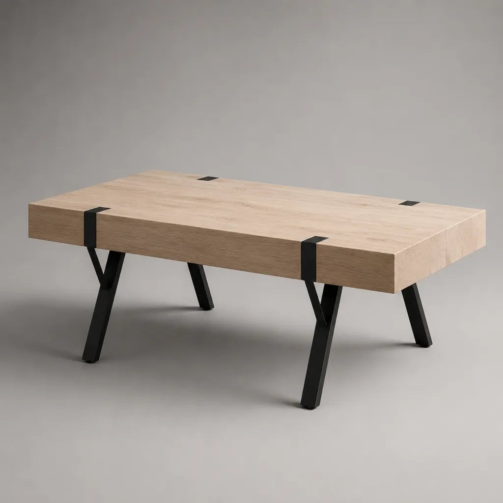 Rechteckiger Couchtisch aus Holz und Metall, Natur/Schwarz, 120 × 60 × 45 cm