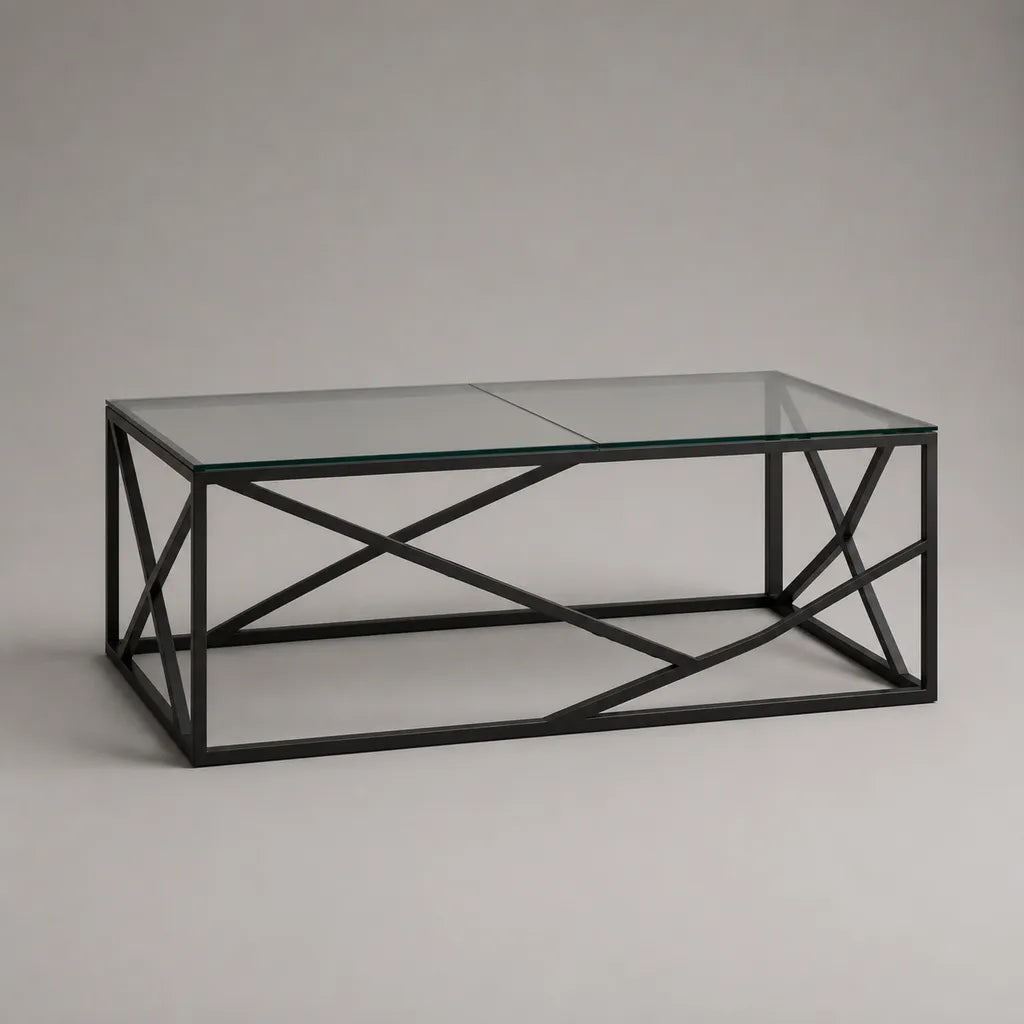 Rechteckiger Couchtisch aus Glas und Stahl, Transparent/Schwarz, 120 × 60 × 45 cm