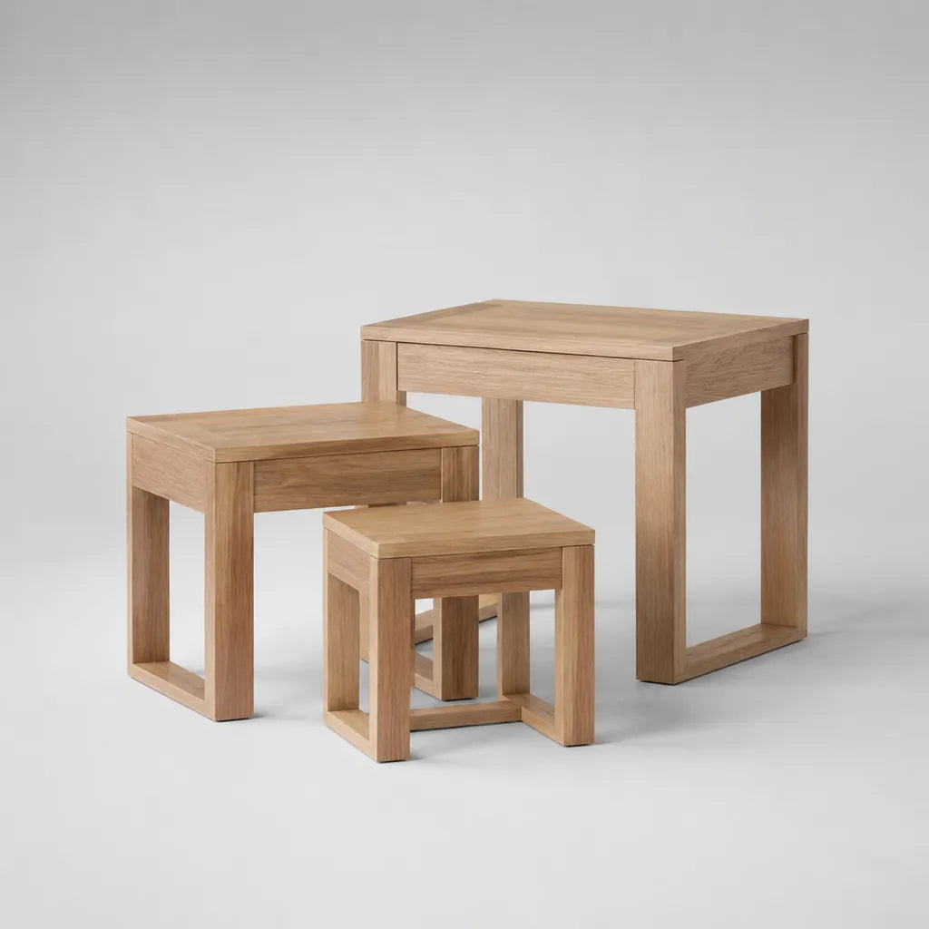 3-teiliges Couchtisch-Set aus MDF mit Eichenfurnier, Natur, 60 × 40 × 60 cm, 45 × 35 × 45 cm und 30 × 30 × 30 cm