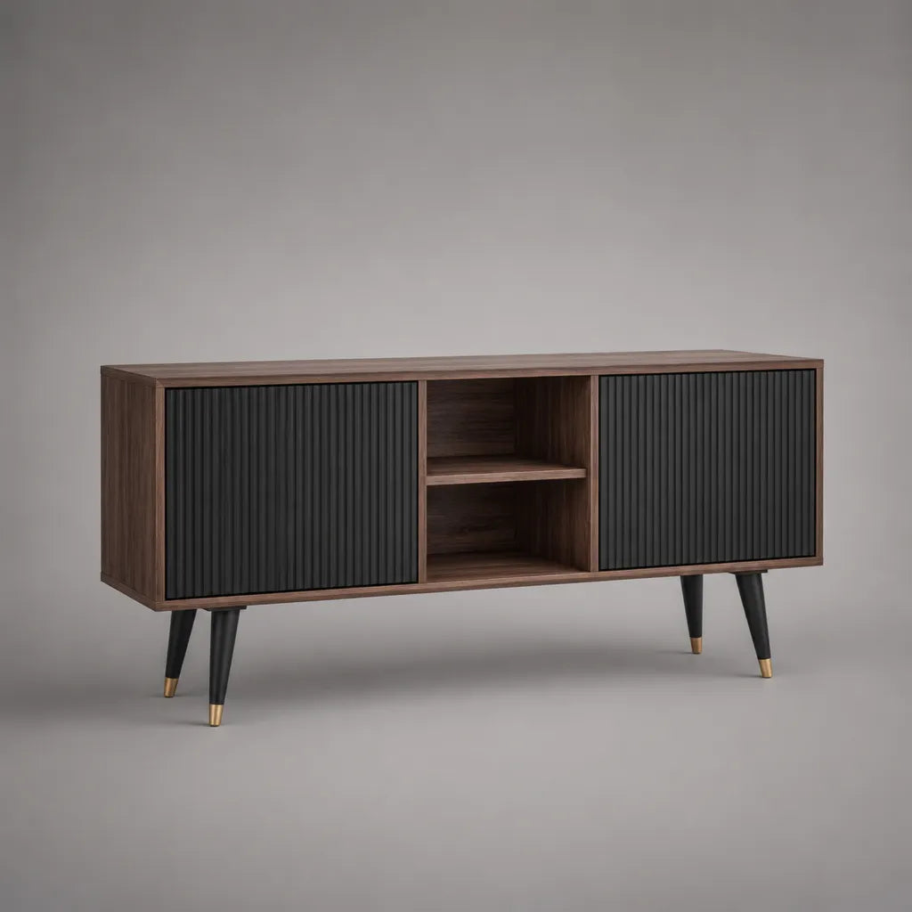 TV-Lowboard aus MDF und Kautschukholz mit 2 Türen und 2 offenen Fächern, 140 × 40 × 70 cm, Walnussbraun/Schwarz/Goldfarben