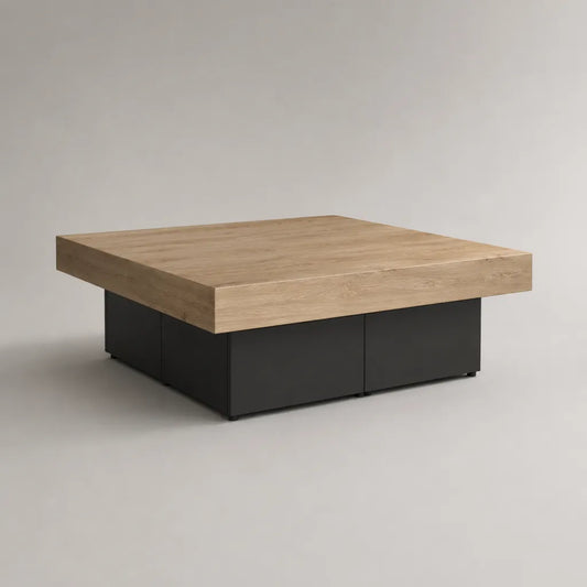 Quadratischer Couchtisch aus eichenfurnierter Spanplatte mit MDF-Sockel, Eiche natur und Schwarz, 100 × 100 × 40 cm