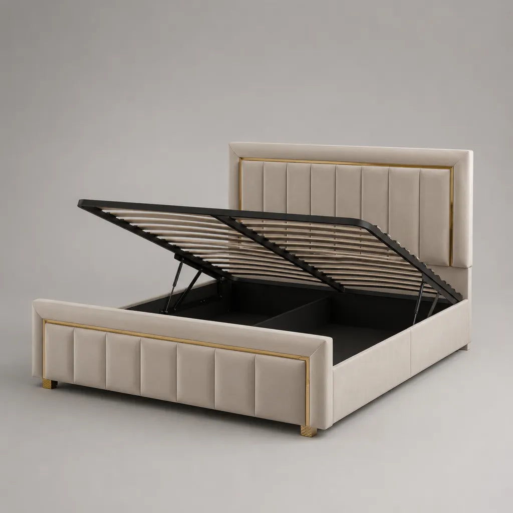 Stauraumbett Polsterbett mit Bettkasten und Metall-Lattenrost, Polyester-Samt, Beige und Gold, Liegefläche 180 × 200 cm, Gesamtmaß 220 × 196 × 125 cm