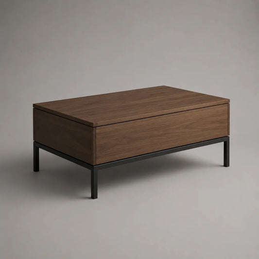 Rechteckiger Couchtisch mit Stauraum und Klappdeckel aus MDF mit Walnussfurnier und Stahl, Braun/Schwarz, 100 × 55 × 45 cm