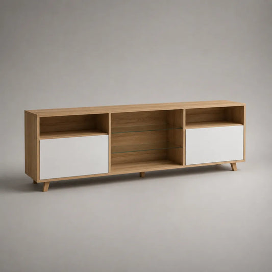 TV-Lowboard mit 2 Türen und Glasböden aus Spanplatte, MDF und Glas, Eiche/Weiß, 180 x 40 x 70 cm