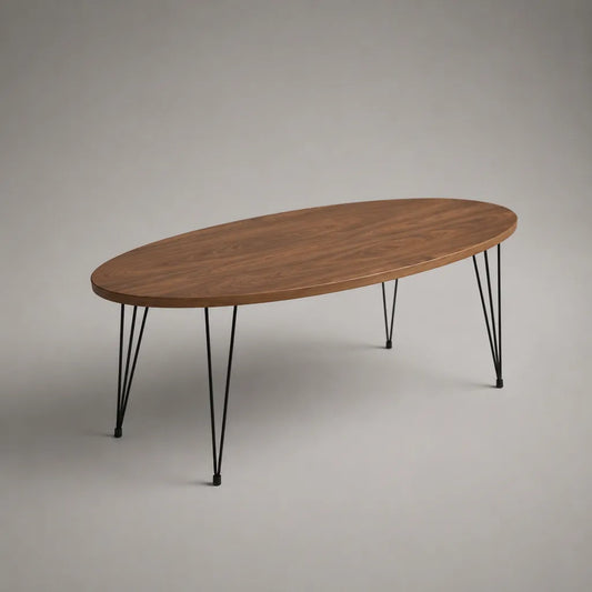 Ovaler Couchtisch aus MDF und Stahl, Walnussbraun und Schwarz, 120 × 60 × 45 cm