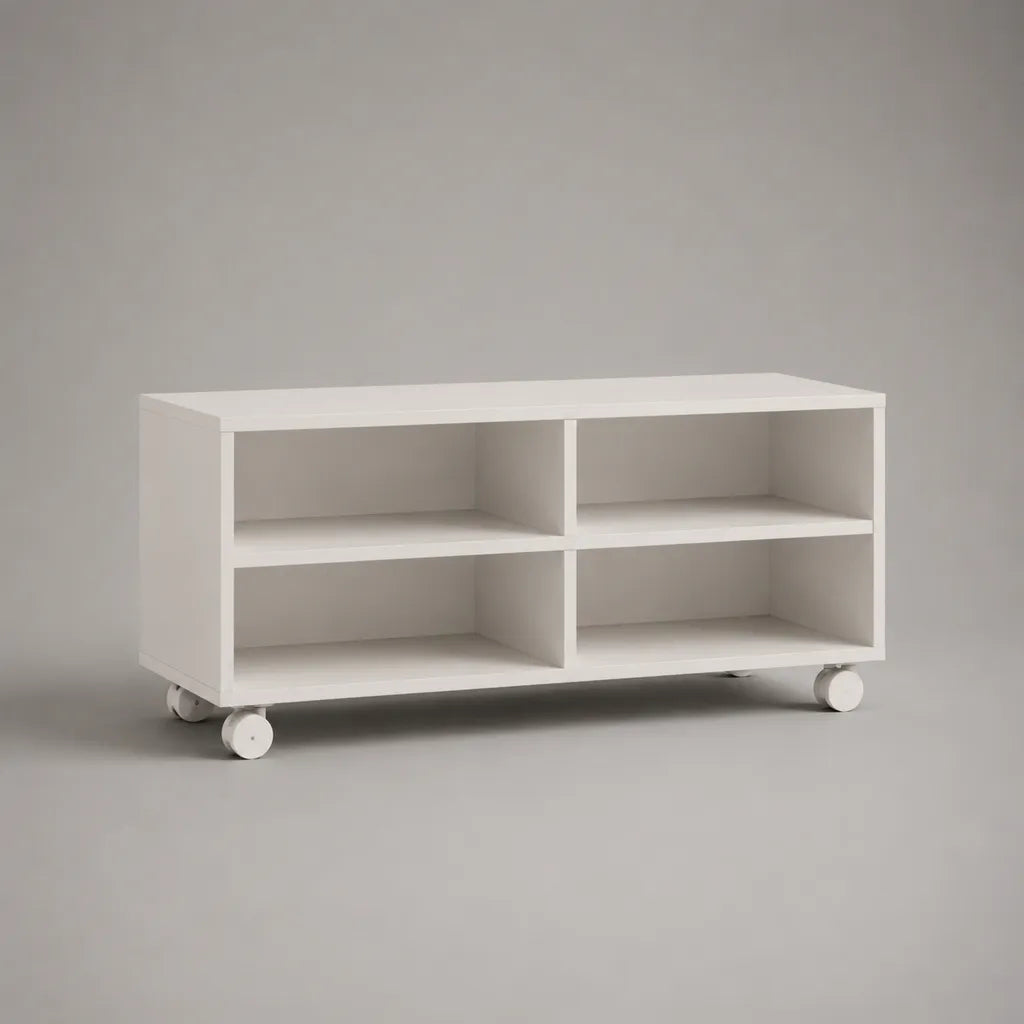 TV-Lowboard auf Rollen mit 4 offenen Fächern, MDF, Weiß, 120 × 40 × 55 cm