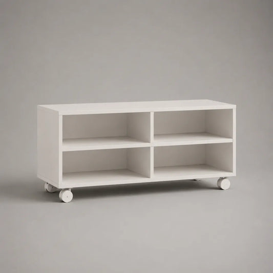 TV-Lowboard auf Rollen mit 4 offenen Fächern, MDF, Weiß, 120 × 40 × 55 cm