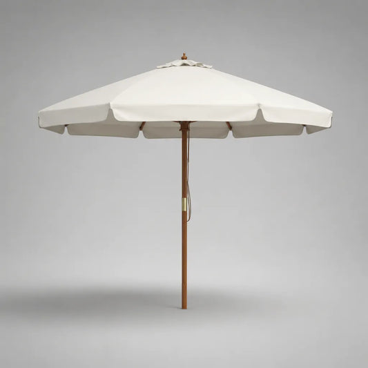 Runder Sonnenschirm aus Polyester und Eukalyptusholz, Cremeweiß, Ø 300 × H 250 cm