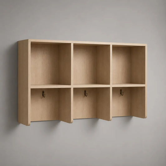 Wandregal aus MDF mit 3 Ablagefächern und 3 Metallhaken, Eichenoptik Natur, 90 × 20 × 60 cm
