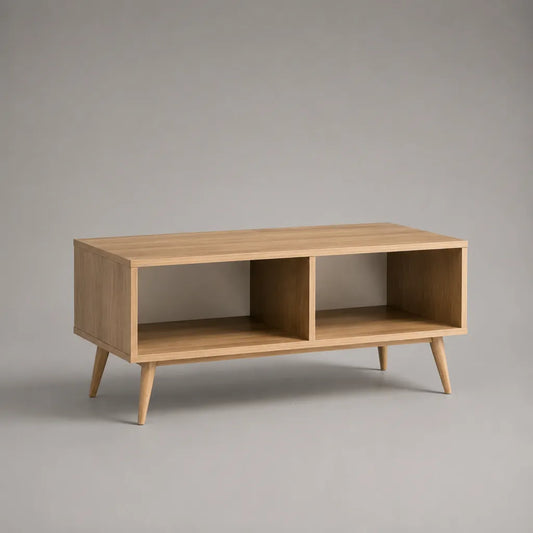 Rechteckiger Couchtisch aus Holz mit 2 offenen Fächern, Eiche Natur, 100 × 50 × 45 cm