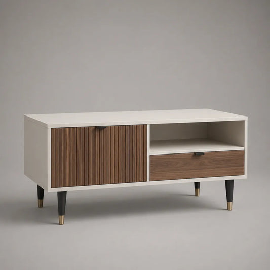 TV-Lowboard aus MDF und Spanplatte mit 2 Türen, 1 Schublade und offenem Fach, Creme und Walnussfarben, 120 × 40 × 65 cm