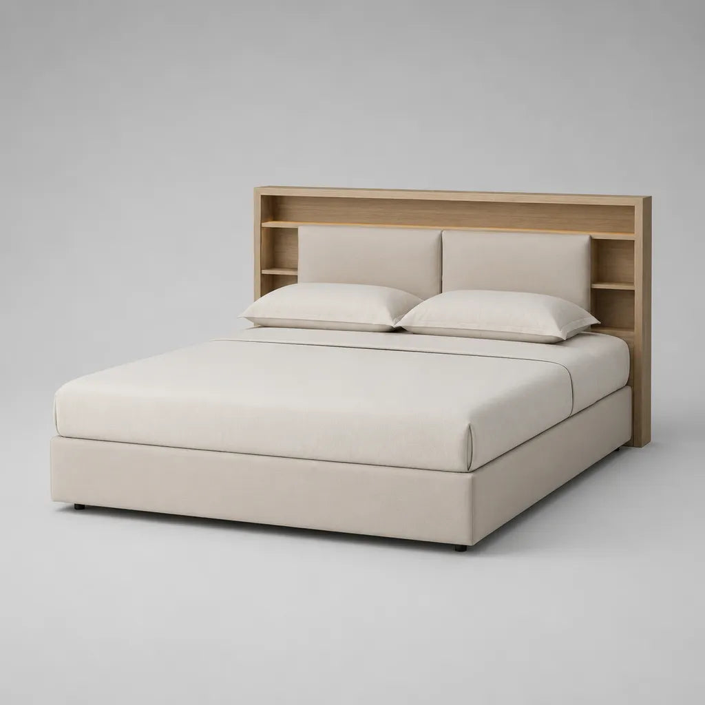 Stauraumbett mit Regal-Kopfteil aus Spanplatte und Polyestergewebe, Beige/Eiche natur, Liegefläche 160 x 200 cm, Gesamtmaß 180 x 220 x 120 cm
