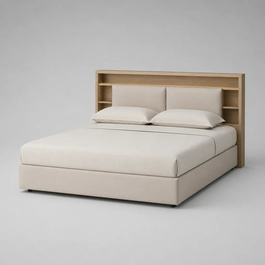 Stauraumbett mit Regal-Kopfteil aus Spanplatte und Polyestergewebe, Beige/Eiche natur, Liegefläche 160 x 200 cm, Gesamtmaß 180 x 220 x 120 cm