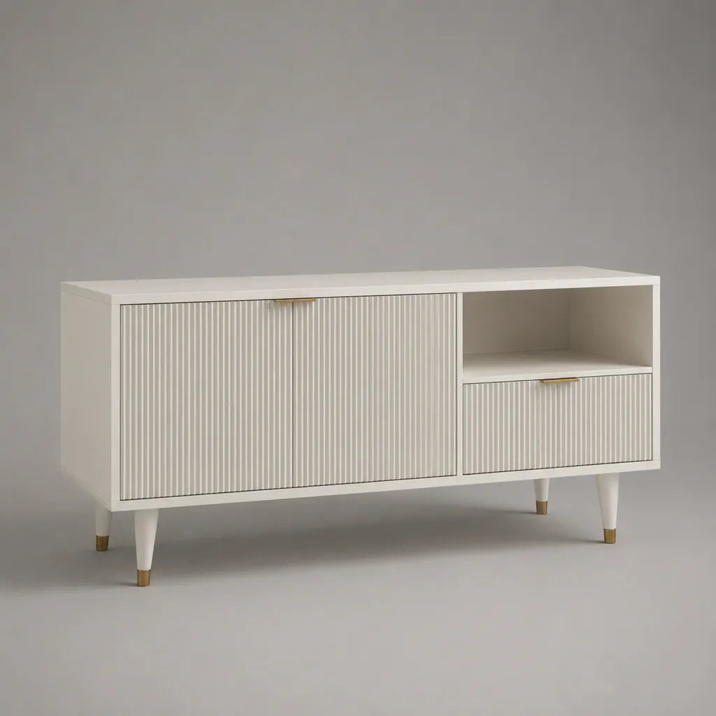 TV-Lowboard aus MDF mit 2 Türen, Schublade und offenem Fach, Weiß und Gold, 140 × 40 × 75 cm