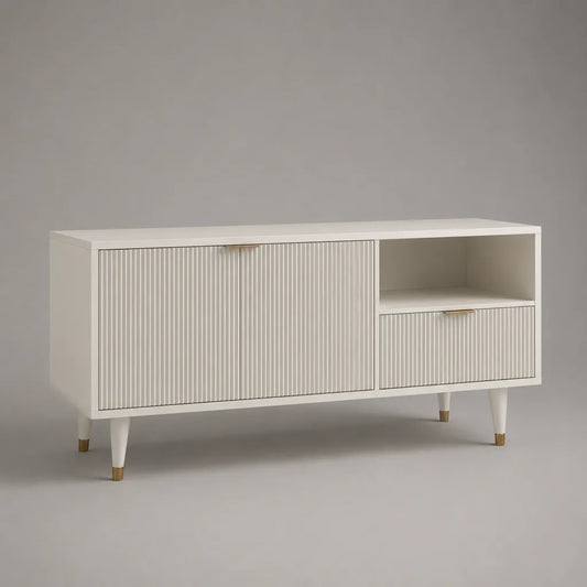 TV-Lowboard aus MDF mit 2 Türen, Schublade und offenem Fach, Weiß und Gold, 140 × 40 × 75 cm