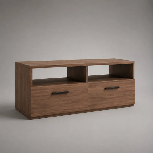 TV-Lowboard aus melaminharzbeschichteter Spanplatte mit 2 Schubladen und 2 offenen Fächern, Braun und Schwarz, 120 × 40 × 60 cm