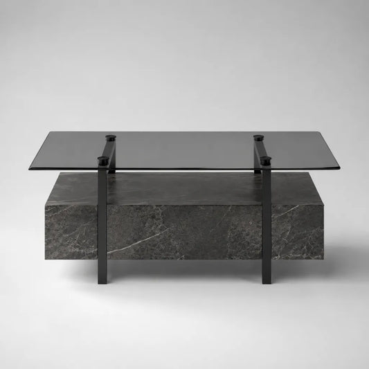 Rechteckiger Couchtisch mit Ablage, 110 x 55 x 45 cm, Glas, Stahl und MDF, Schwarz/Grau in Marmoroptik
