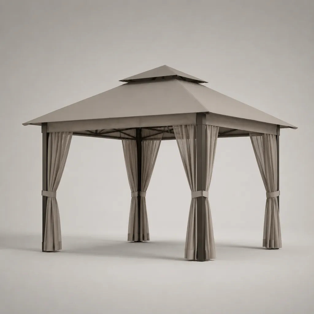 Gartenpavillon 300 × 300 × 270 cm mit Seitenvorhängen, Polyester-Doppeldach und Stahlgestell, Taupe/Dunkelgrau