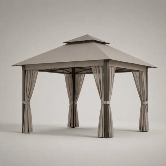 Gartenpavillon 300 × 300 × 270 cm mit Seitenvorhängen, Polyester-Doppeldach und Stahlgestell, Taupe/Dunkelgrau