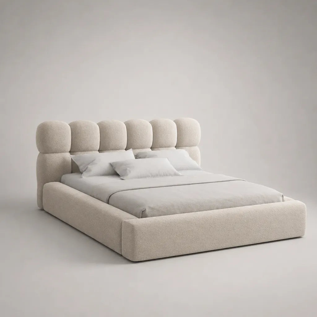 Stauraumbett Polsterbett mit Bettkasten und Hub-Lattenrost, Bouclé-Stoff, Creme, 228 × 218 × 120 cm, Liegefläche 180 × 200 cm
