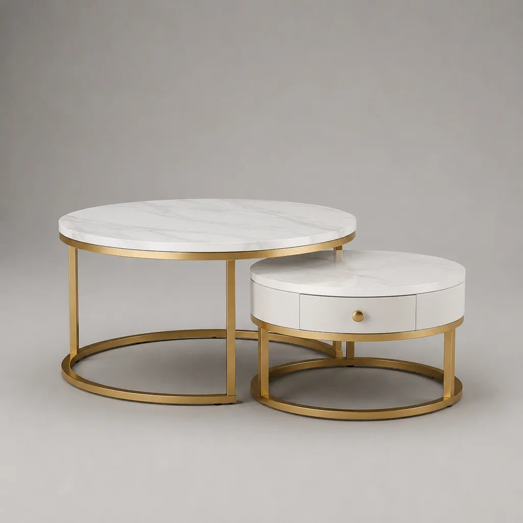 Rundes Couchtisch-Set, 2-teilig, mit Schublade, Sinterstein, MDF und Stahl, Weiß-Gold, Ø 80 × 45 cm und Ø 60 × 38 cm