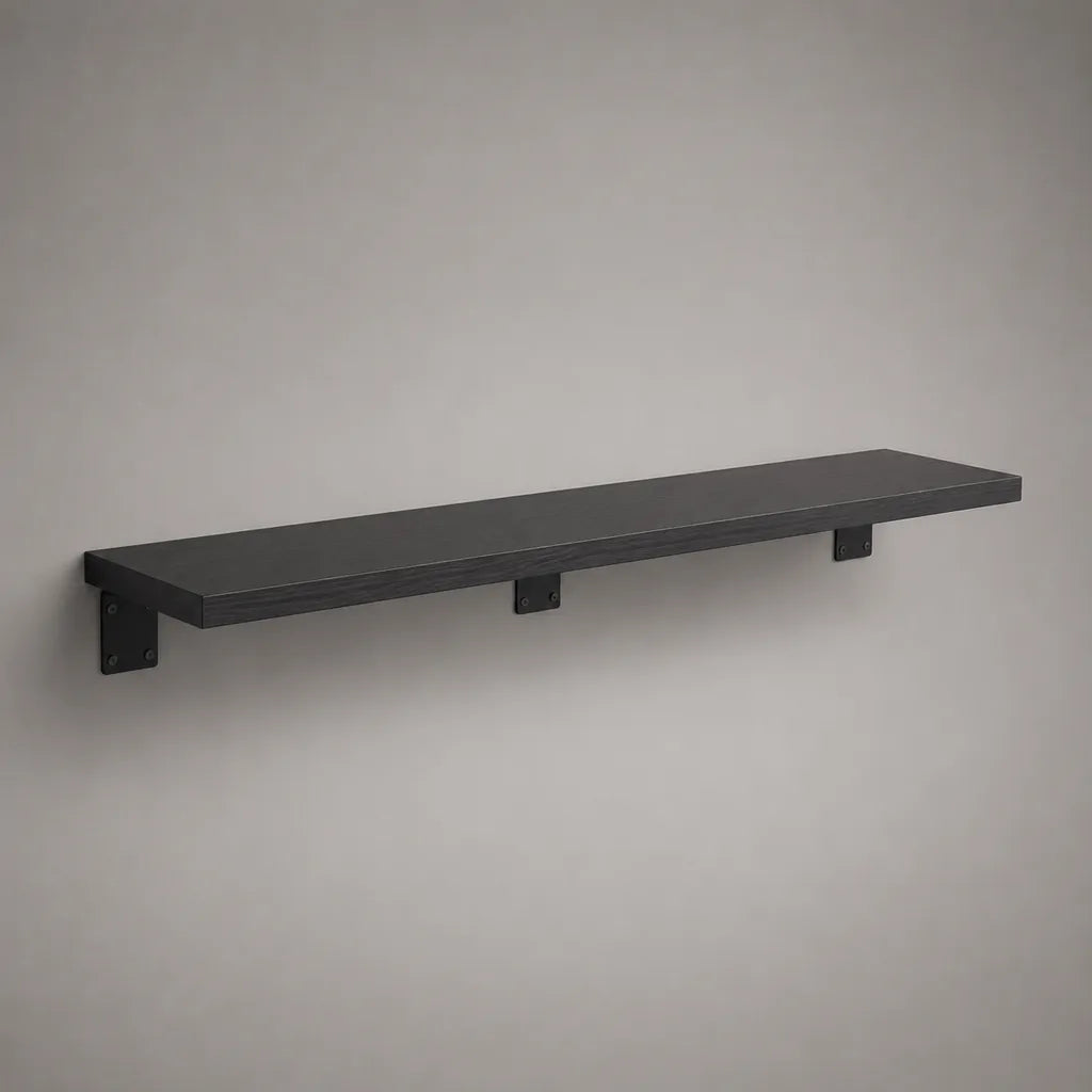 Wandregal aus massivem Kiefernholz mit Stahlhalterungen, Schwarz, 120 × 20 × 4 cm