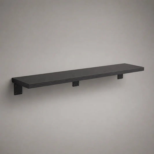 Wandregal aus massivem Kiefernholz mit Stahlhalterungen, Schwarz, 120 × 20 × 4 cm