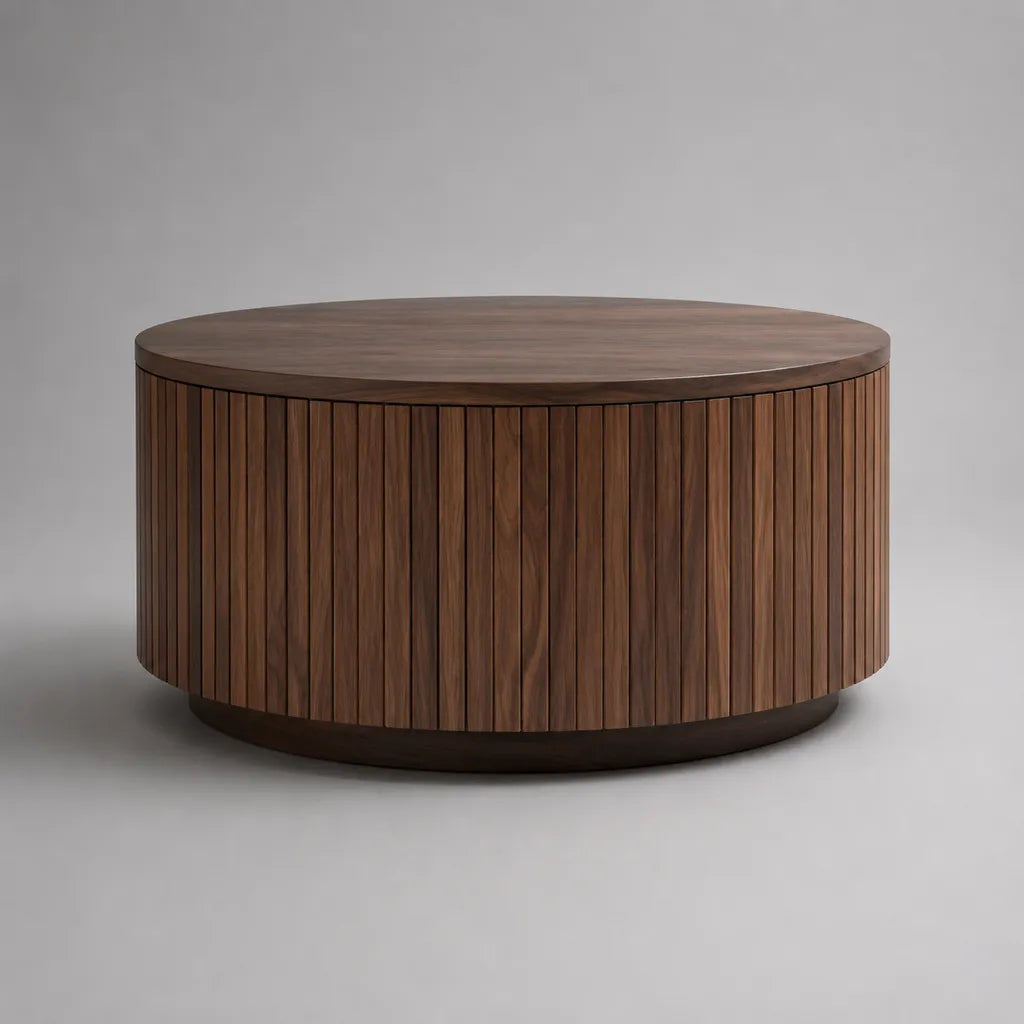 Runder Couchtisch aus MDF mit Walnussfurnier und Lamellenoptik, Braun/Dunkelbraun, Ø 80 × H 40 cm