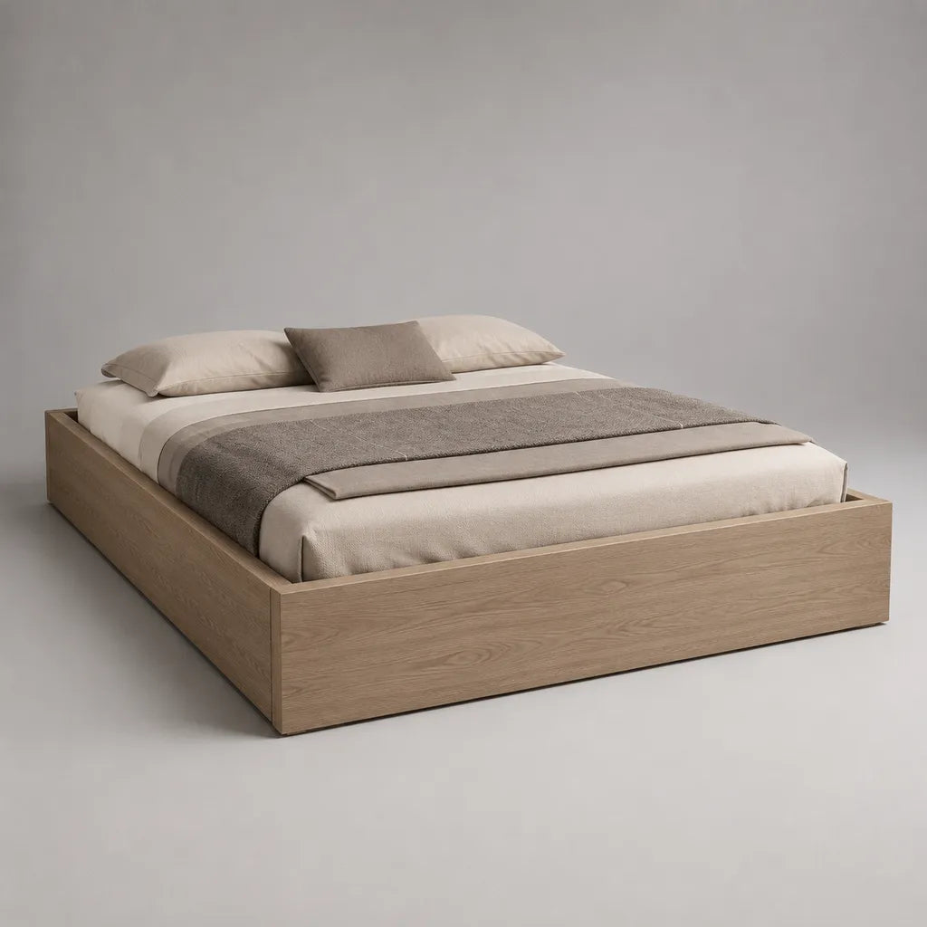 Stauraumbett 180 × 200 cm, Doppelbett aus Spanplatte mit Eichenfurnier, Naturbraun, 186 × 206 × 40 cm