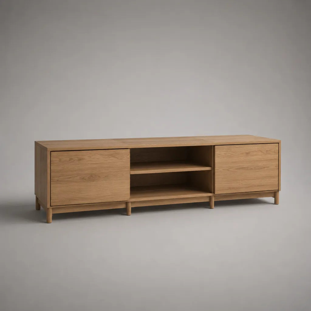 TV-Lowboard mit 2 Türen und 2 offenen Fächern, MDF mit Eichenfurnier, Eiche Natur, 160 × 40 × 55 cm