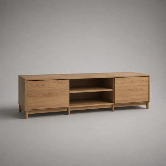 TV-Lowboard mit 2 Türen und 2 offenen Fächern, MDF mit Eichenfurnier, Eiche Natur, 160 × 40 × 55 cm
