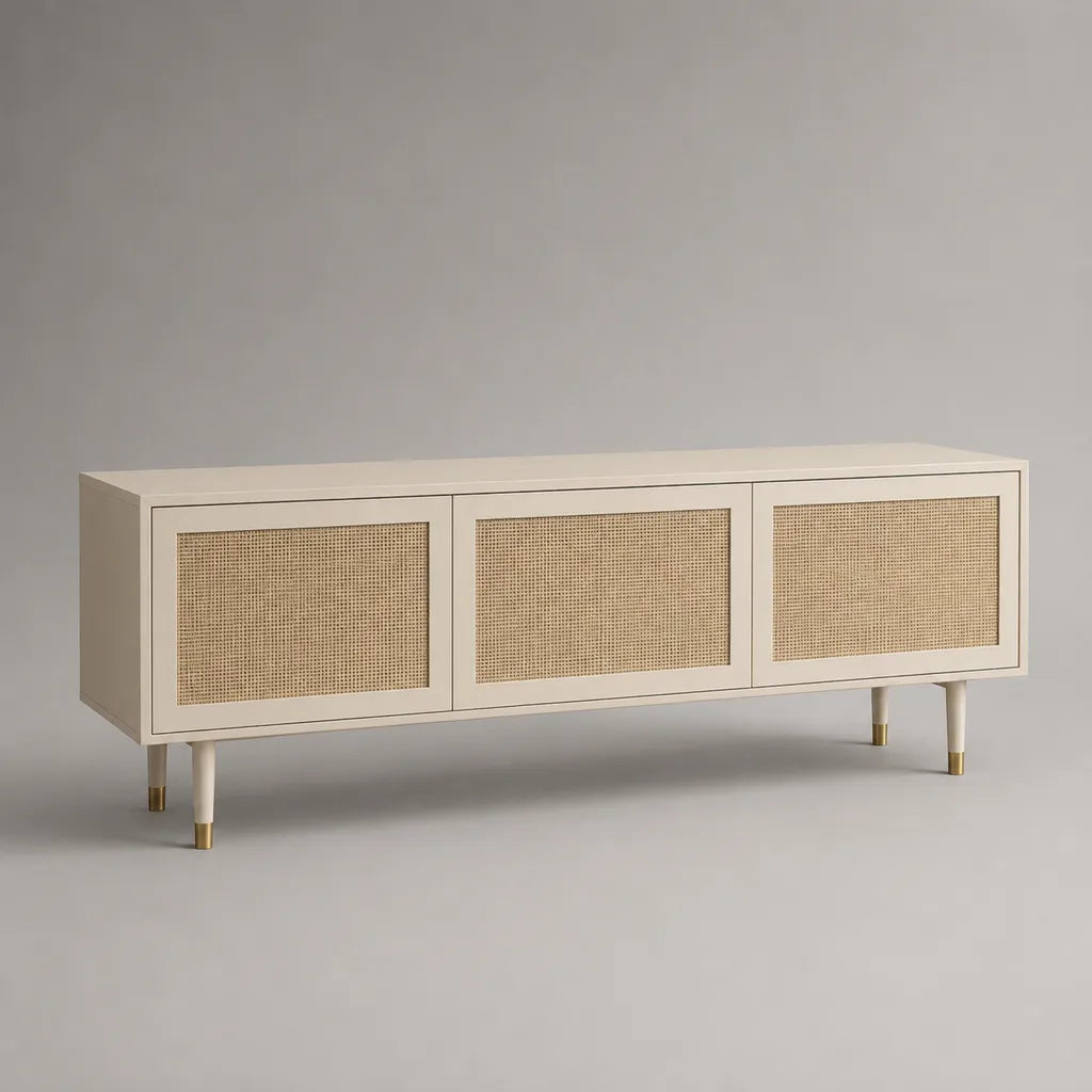 TV-Lowboard mit 3 Türen aus MDF und Rattangeflecht, Creme/Natur/Goldfarben, 150 × 40 × 70 cm