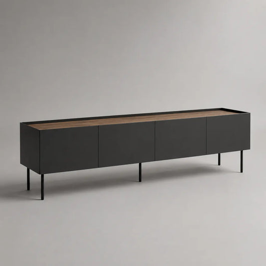 TV-Lowboard mit 4 Türen aus MDF und Stahl, Schwarz/Walnussbraun, 200 × 40 × 60 cm