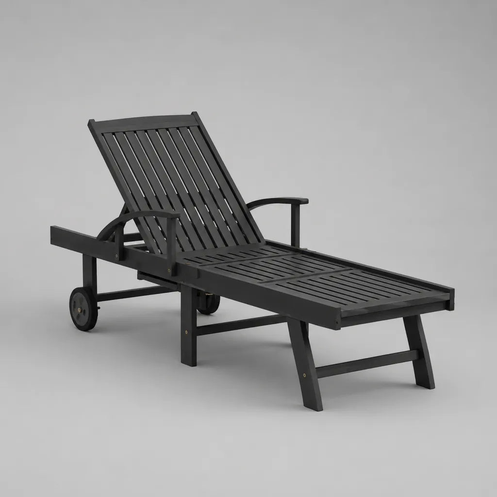 Gartenliege aus Holz mit Rädern, verstellbarer Rückenlehne und Seitenablage, Schwarz, 200 × 68 × 83 cm