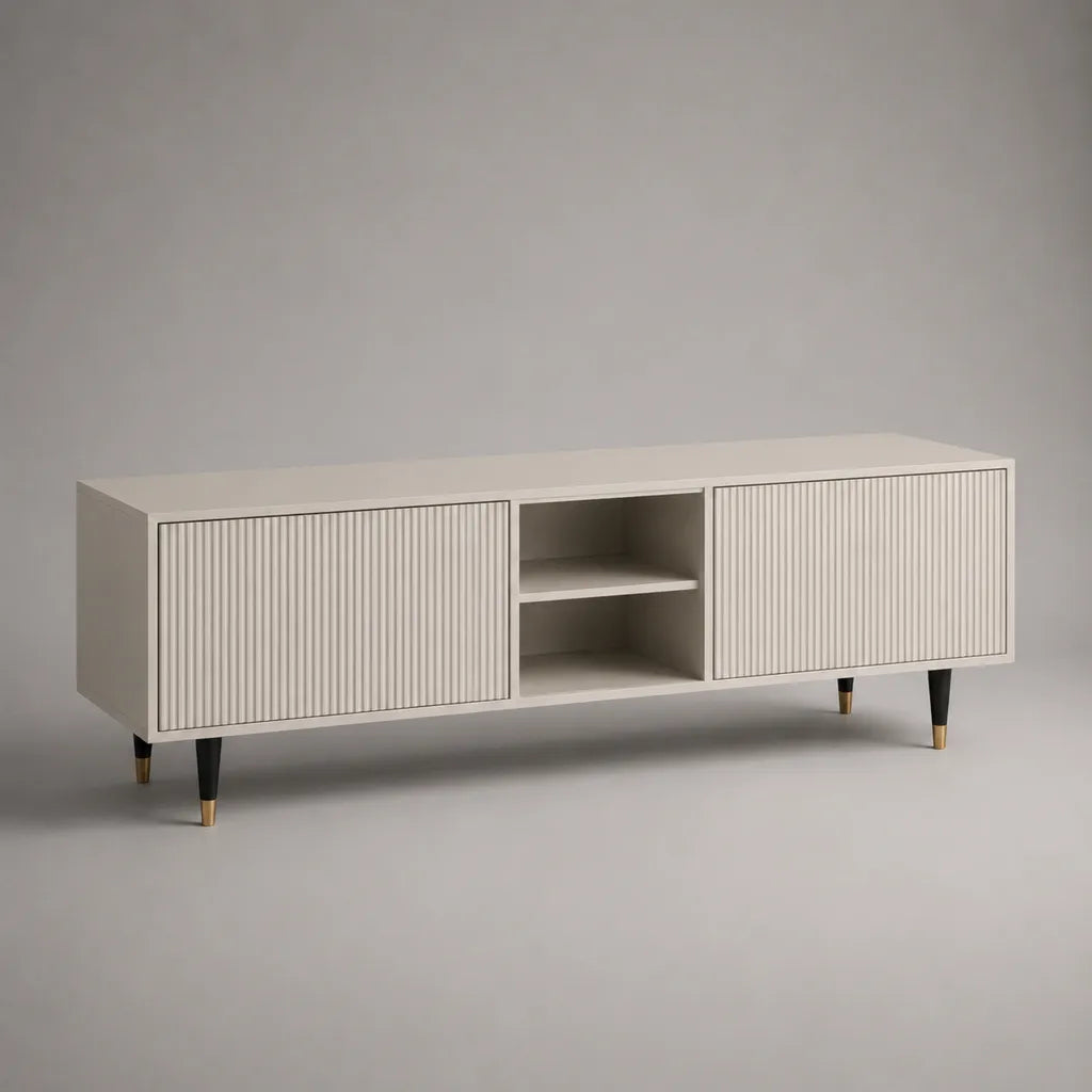 TV-Lowboard aus MDF und Spanplatte mit 2 Türen und 2 offenen Fächern, Cremeweiß, 160 × 40 × 60 cm
