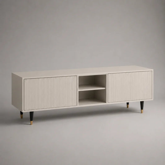 TV-Lowboard aus MDF und Spanplatte mit 2 Türen und 2 offenen Fächern, Cremeweiß, 160 × 40 × 60 cm